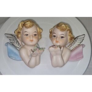 Norcrest Angel Wall Plaques Set of 2 Pink Blue Gold Japan Vintage Cherubs NICE!